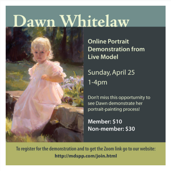 ad for online portrait demo with Dawn whitlaw showing a painting of a child in a light pink dress