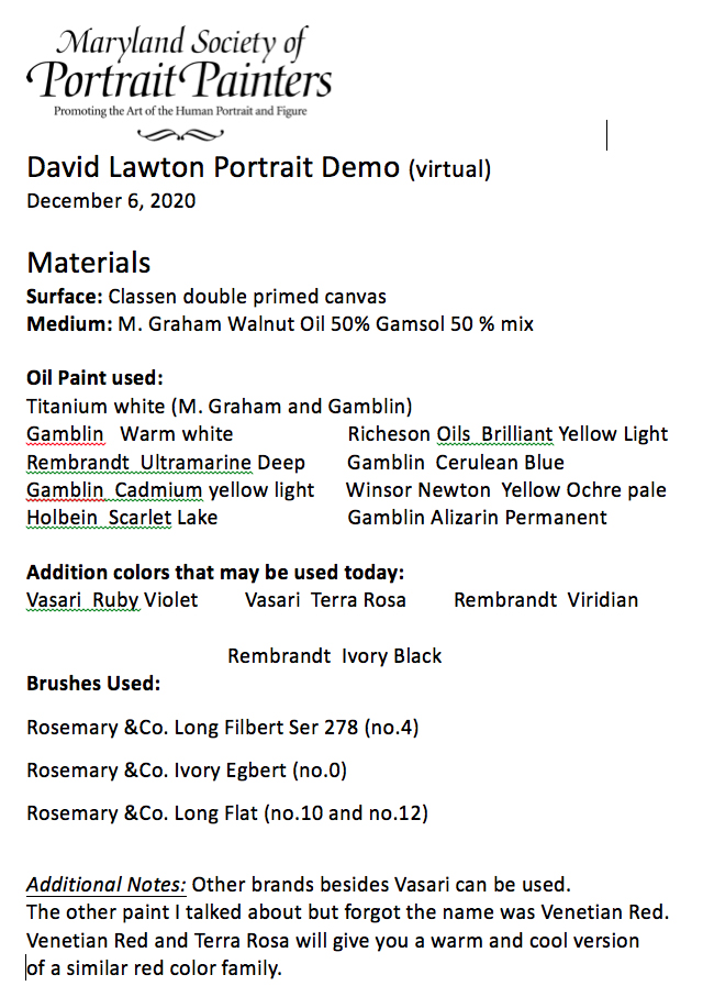 David Lawton's materials list