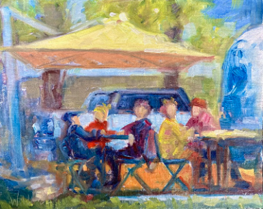 Loosely painted scene of people sitting under an umbrella in a yard 
