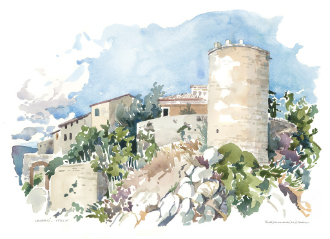 Watercolor painting of white brick villa with round tower
