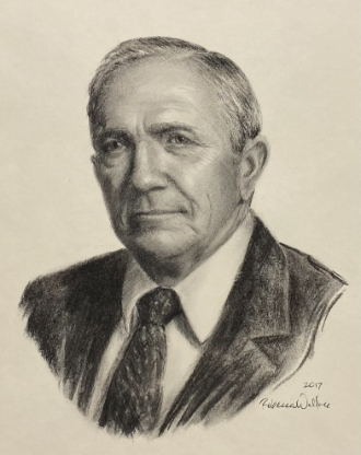 Drawing of head and shoulders of man wearing a suit and tie