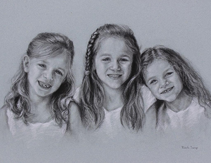 Charcoal drawing of three girls, head and shoulders