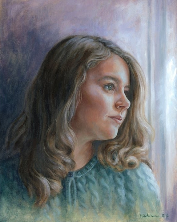 Pastel portrait of a young girl in profile, head and shoulders, in color
