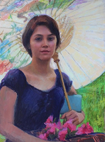 Oil painting of a young woman holding a backlit pale yellow parasol