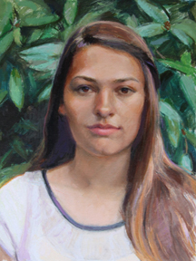 Oil painting of a young womanwith long brown hair, 