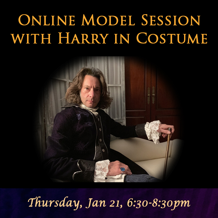 ad for online model session with Harry. Picture of a man with dark hair wearing a dark purple coat