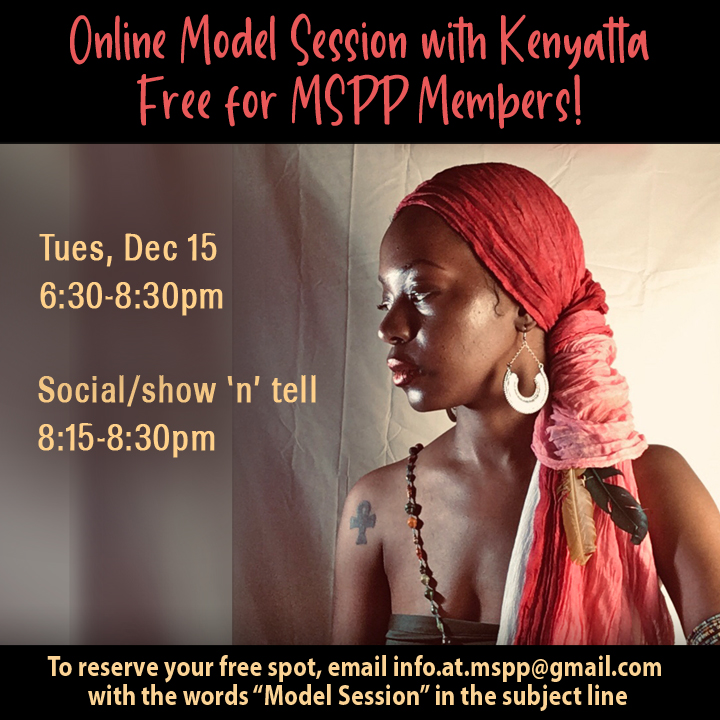 ad for online model session with Kenyatta. Picture or dark skinned gril with peach head scarf